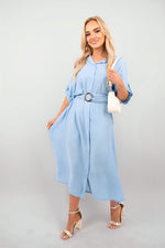 Load image into Gallery viewer, Belted Button Down Roll Tab Sleeve Midi Dress
