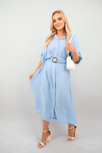 Belted Button Down Roll Tab Sleeve Midi Dress
