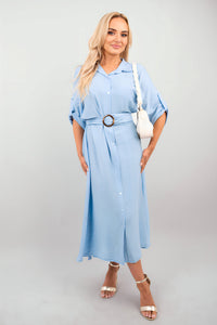 Belted Button Down Roll Tab Sleeve Midi Dress