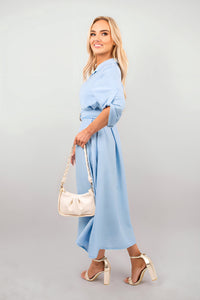 Belted Button Down Roll Tab Sleeve Midi Dress