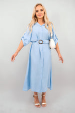Load image into Gallery viewer, Belted Button Down Roll Tab Sleeve Midi Dress
