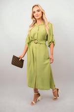 Load image into Gallery viewer, Belted Button Down Roll Tab Sleeve Midi Dress
