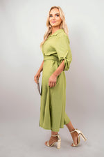Load image into Gallery viewer, Belted Button Down Roll Tab Sleeve Midi Dress
