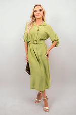 Load image into Gallery viewer, Belted Button Down Roll Tab Sleeve Midi Dress

