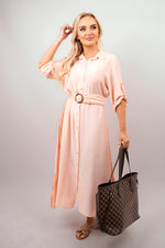Load image into Gallery viewer, Belted Button Down Roll Tab Sleeve Midi Dress
