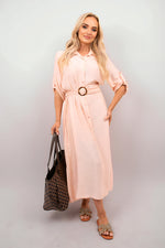 Load image into Gallery viewer, Belted Button Down Roll Tab Sleeve Midi Dress
