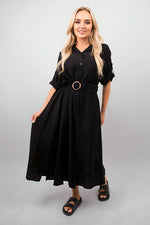 Load image into Gallery viewer, Belted Button Down Roll Tab Sleeve Midi Dress
