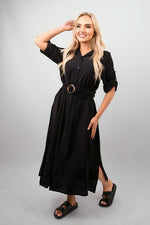 Load image into Gallery viewer, Belted Button Down Roll Tab Sleeve Midi Dress
