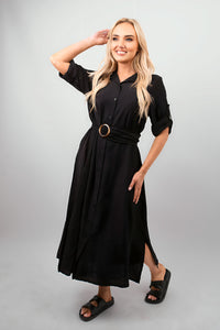 Belted Button Down Roll Tab Sleeve Midi Dress