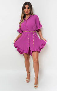 Button Down Oversized Ruffle Short Sleeve Mini Dress