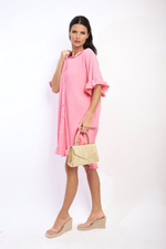 Load image into Gallery viewer, Button Down Oversized Ruffle Short Sleeve Mini Dress
