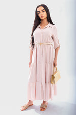 Load image into Gallery viewer, Belted Button Down Tiered Maxi Dress

