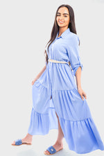 Load image into Gallery viewer, Belted Button Down Tiered Maxi Dress
