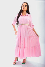 Load image into Gallery viewer, Belted Button Down Tiered Maxi Dress
