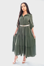 Load image into Gallery viewer, Belted Button Down Tiered Maxi Dress
