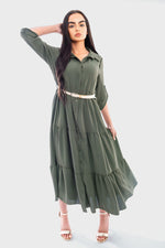 Load image into Gallery viewer, Belted Button Down Tiered Maxi Dress
