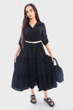 Load image into Gallery viewer, Belted Button Down Tiered Maxi Dress
