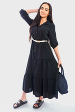 Load image into Gallery viewer, Belted Button Down Tiered Maxi Dress

