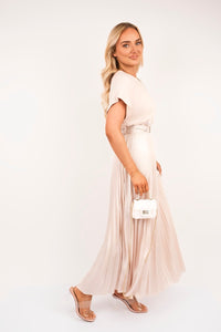 Belted Short Sleeve Pleated Midi Dress