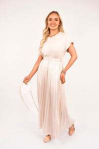 Belted Short Sleeve Pleated Midi Dress