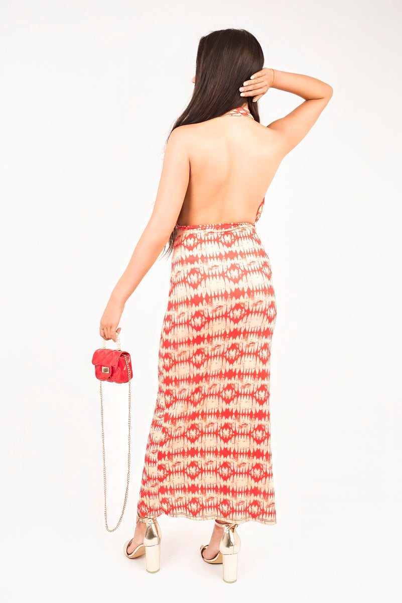 Halter Neck Ruched Abstract Print Midi Dress