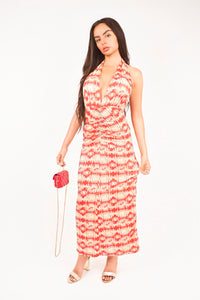 Halter Neck Ruched Abstract Print Midi Dress