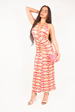 Load image into Gallery viewer, Halter Neck Ruched Abstract Print Midi Dress
