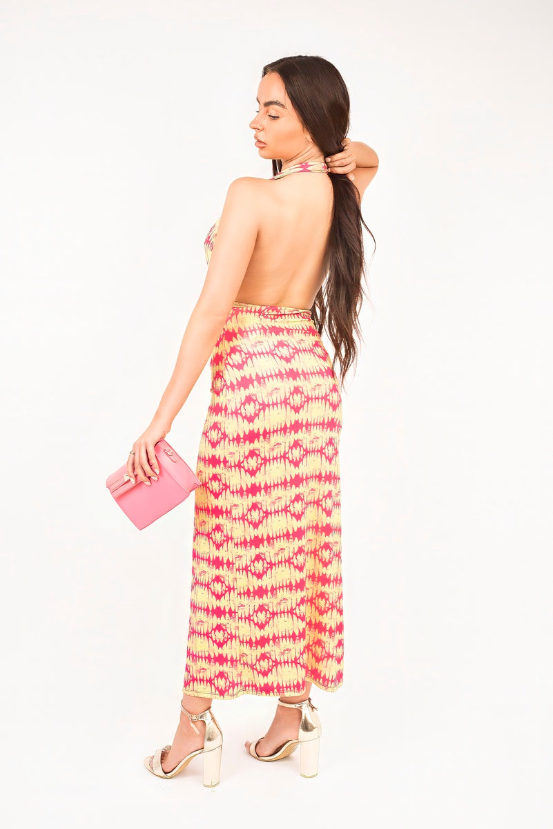 Halter Neck Ruched Abstract Print Midi Dress