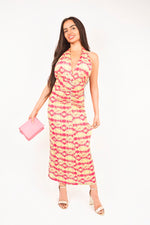 Load image into Gallery viewer, Halter Neck Ruched Abstract Print Midi Dress
