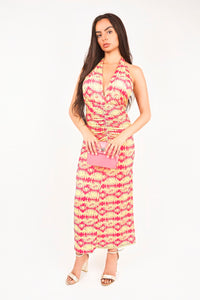 Halter Neck Ruched Abstract Print Midi Dress