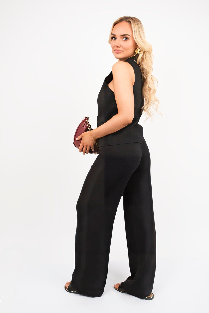 V-Neck Sleeveless with Pocket Detail Top and Wide Leg Trousers Co-ord Set