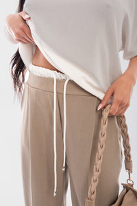 Double Waist Band Drawstring Wide Leg Trousers