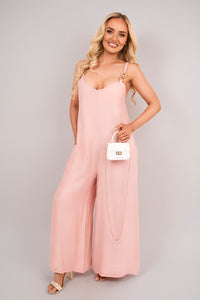 Scoop Neck Wide Leg Sleeveless Jumpsuit with Strap Detail