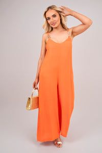Scoop Neck Wide Leg Sleeveless Jumpsuit with Strap Detail