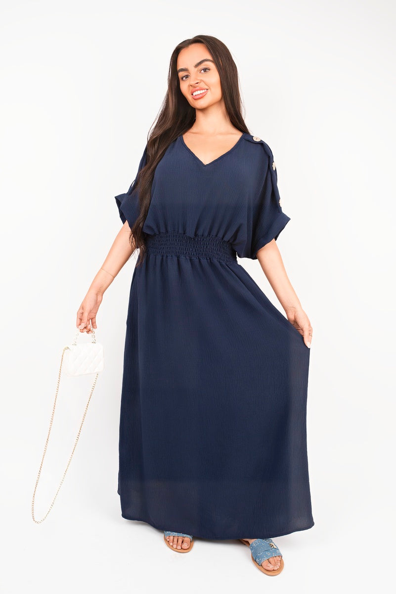V-Neck Short Sleeve Maxi Dress with Button Detail