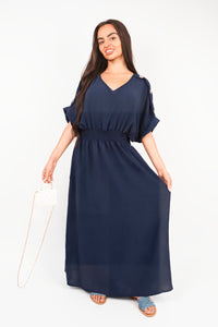 V-Neck Short Sleeve Maxi Dress with Button Detail