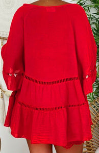 Red 3/4 Sleeve Loose Button Cut-out Top