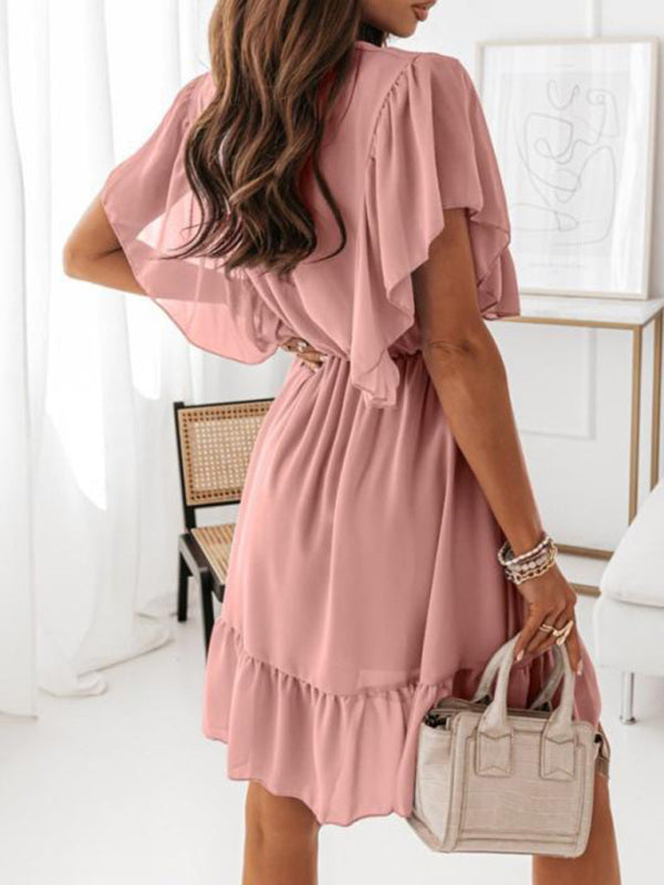 Pink Fluttering Sleeve Waist Dress
