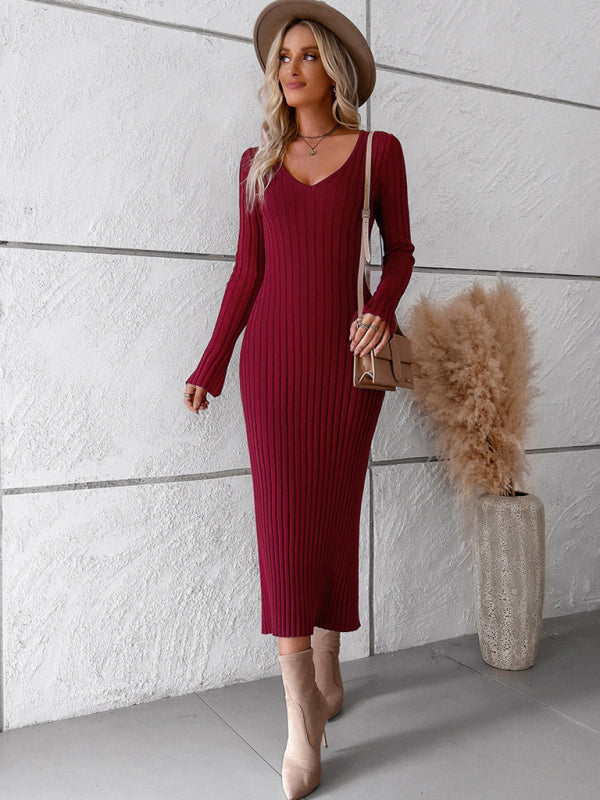 Wine Red Thick Ribbed Sweater Dress