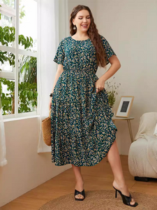 Curve Round Neck Printed Dress