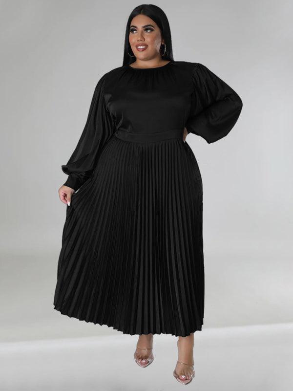 Curve Pleated Round Neck Long Sleeve Dress
