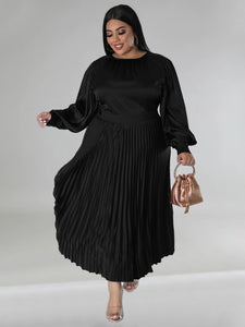 Curve Pleated Round Neck Long Sleeve Dress