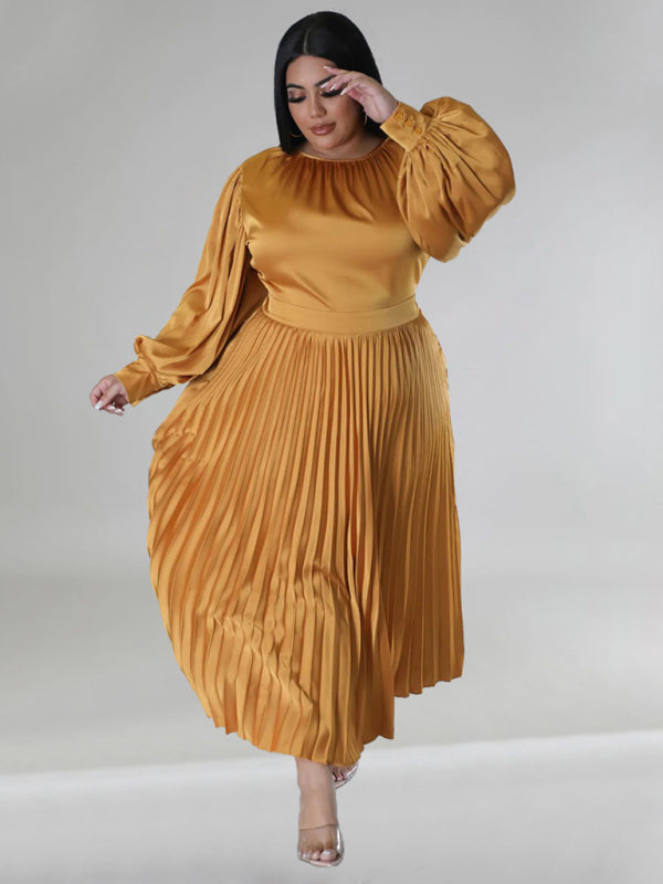 Curve Pleated Round Neck Long Sleeve Dress