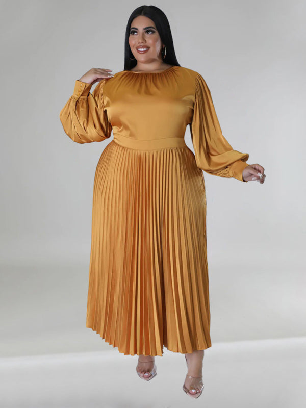 Curve Pleated Round Neck Long Sleeve Dress