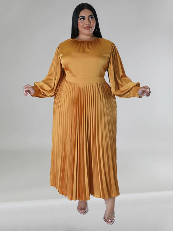 Curve Pleated Round Neck Long Sleeve Dress