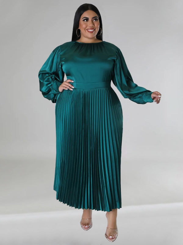 Curve Pleated Round Neck Long Sleeve Dress