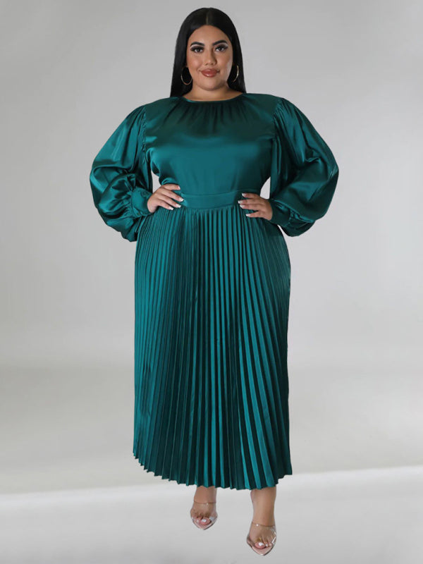 Curve Pleated Round Neck Long Sleeve Dress