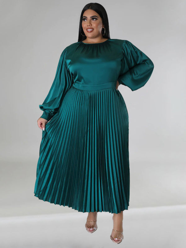 Curve Pleated Round Neck Long Sleeve Dress