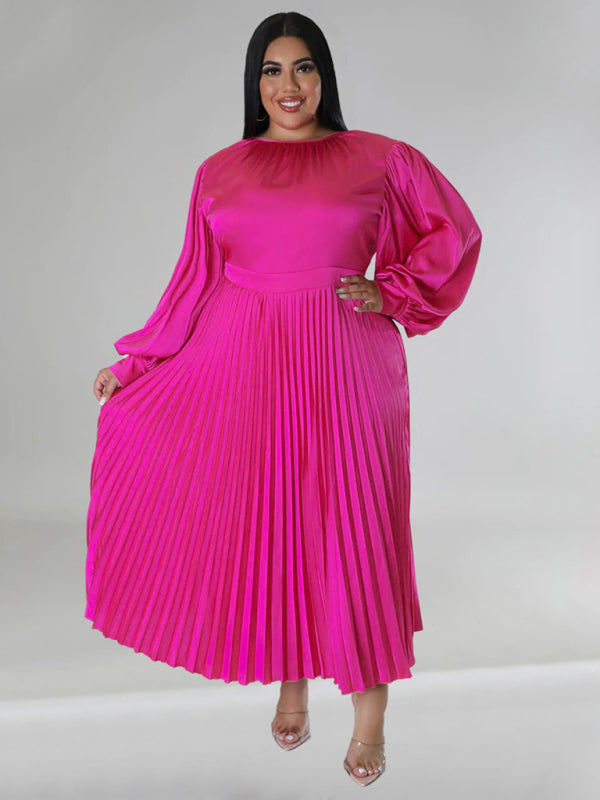 Curve Pleated Round Neck Long Sleeve Dress