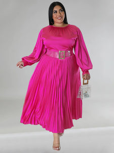 Curve Pleated Round Neck Long Sleeve Dress